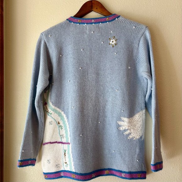 Hand Knit Storybook Cardigan Sweater Ugly Christmas Angel Snow Trees 90s Size M - Picture 4 of 11